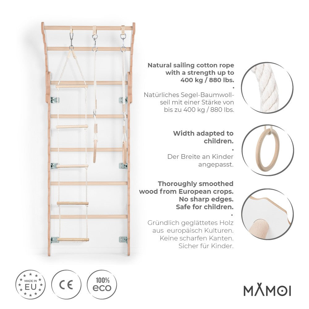 MAMOI® Espalier en bois, Mur escalade suedois pour enfant, Échelle suedoise pour bebe, Jeux descalade et gym avec accessoires, Barre et anneaux gymnastique-2