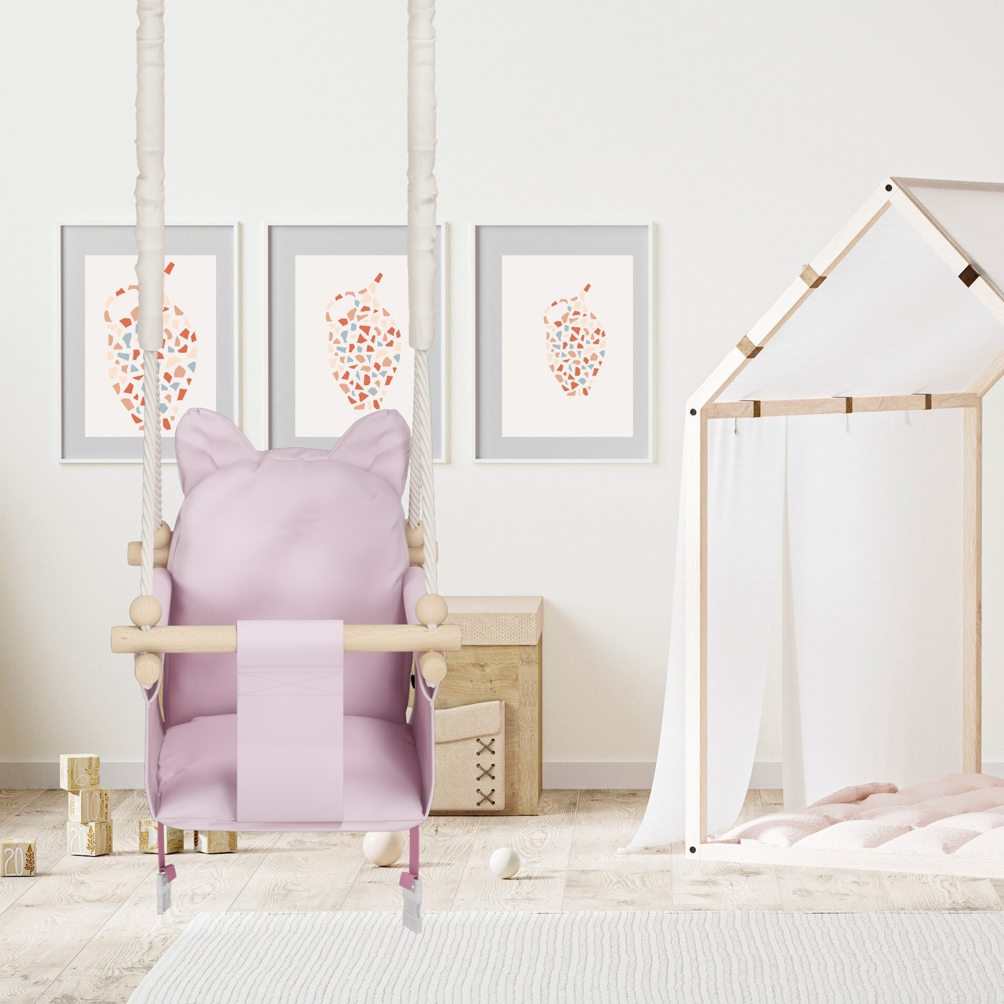 MAMOI® Balancoire interieur pour bebe et enfants, Siege balançoire en bois et en coton pour bébé, Balansoire pour enfant, Balancelle scandinave, Baby swing-6