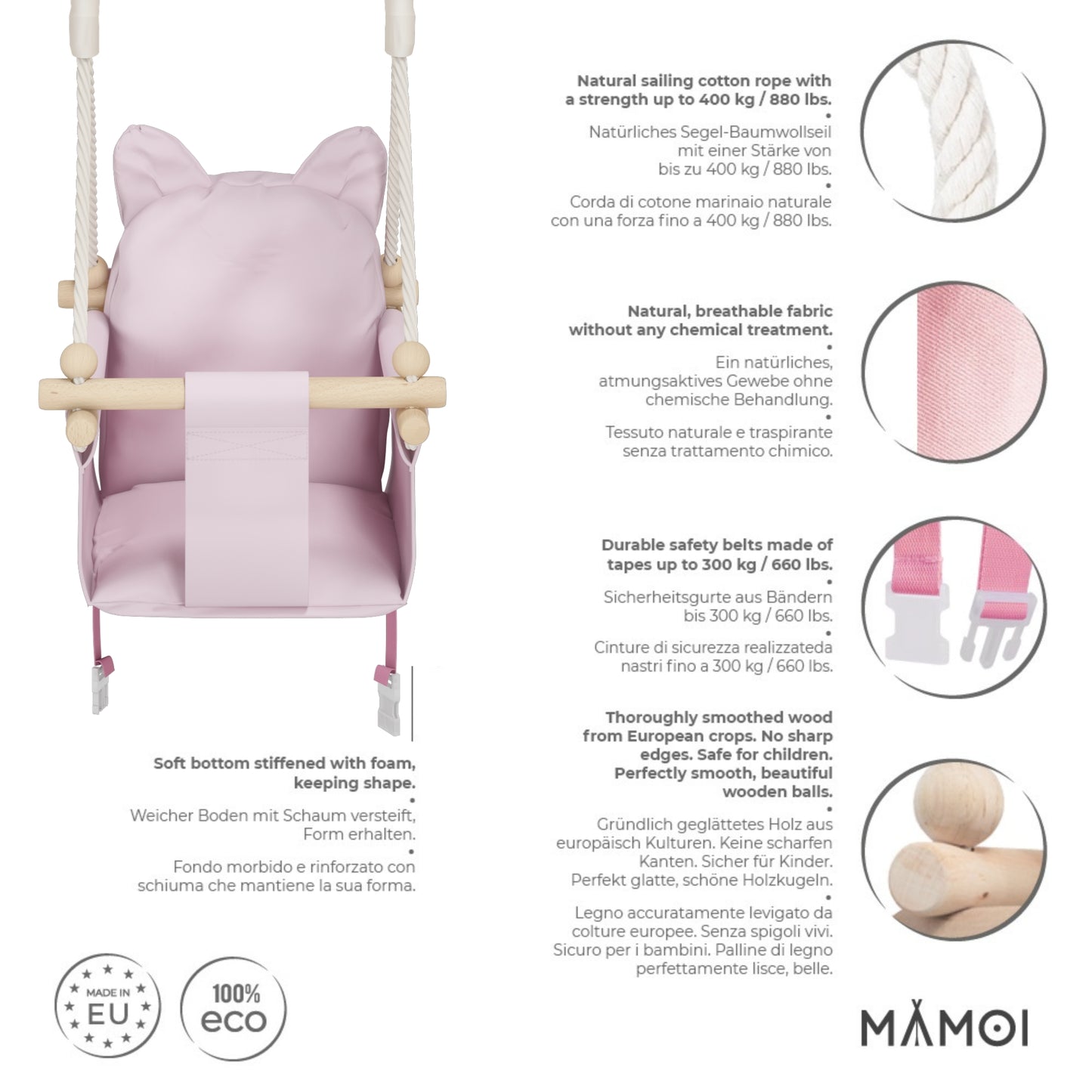 MAMOI® Balancoire interieur pour bebe et enfants, Siege balançoire en bois et en coton pour bébé, Balansoire pour enfant, Balancelle scandinave, Baby swing-2