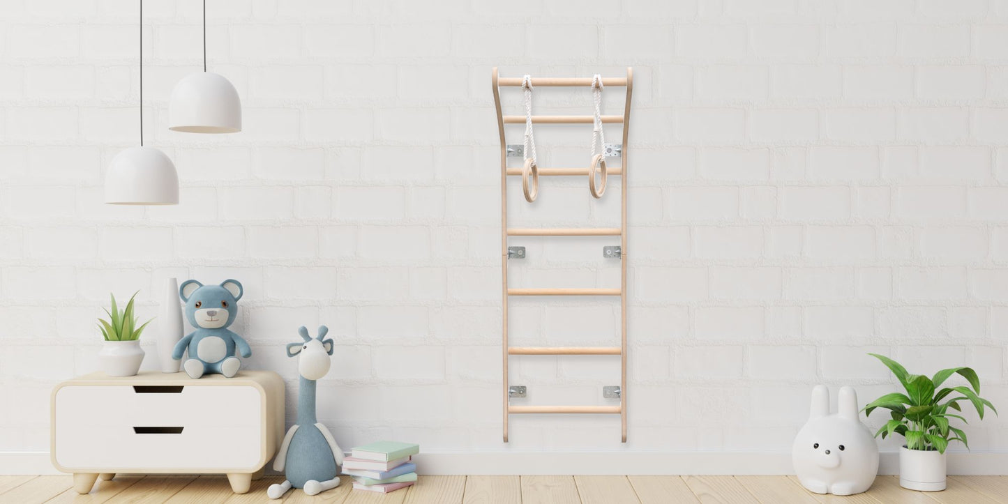 MAMOI® Espalier en bois, Mur escalade suedois pour enfant, Échelle suedoise pour bebe, Jeux descalade et gym avec accessoires, Barre et anneaux gymnastique-3