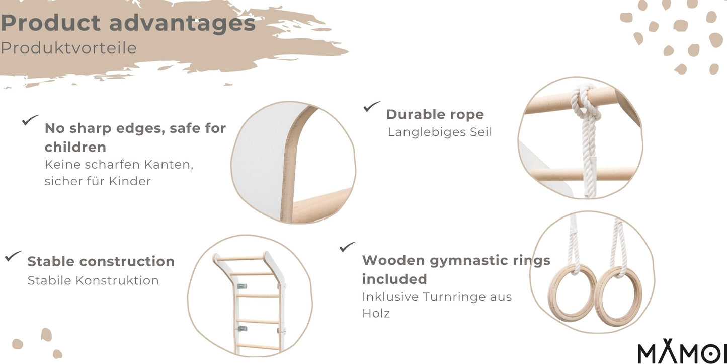MAMOI® Espalier en bois, Mur escalade suedois pour enfant, Échelle suedoise pour bebe, Jeux descalade et gym avec accessoires, Barre et anneaux gymnastique-2
