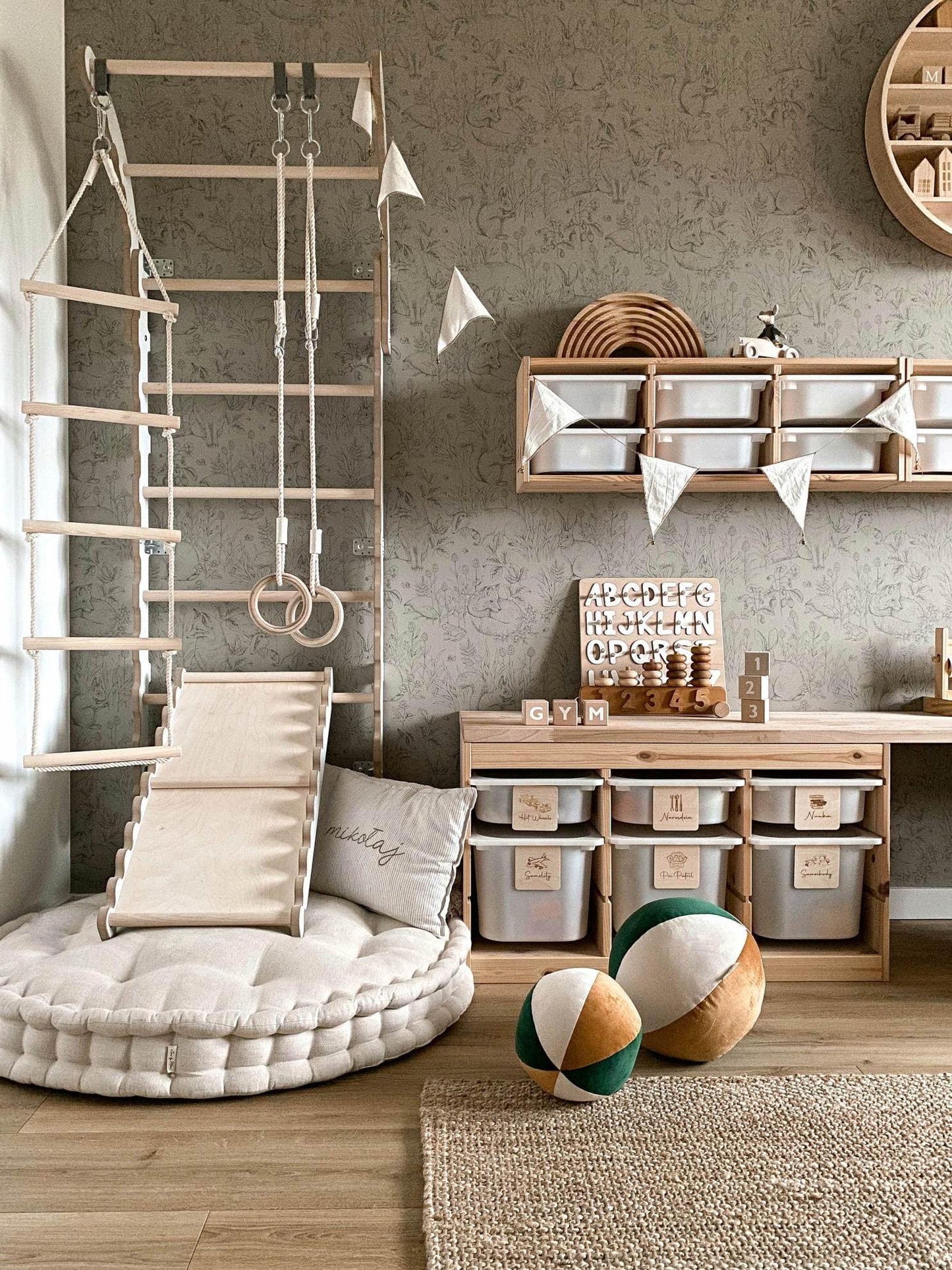 MAMOI® Espalier en bois, Mur escalade suedois pour enfant, Échelle suedoise pour bebe, Jeux descalade et gym avec accessoires, Barre et anneaux gymnastique-5