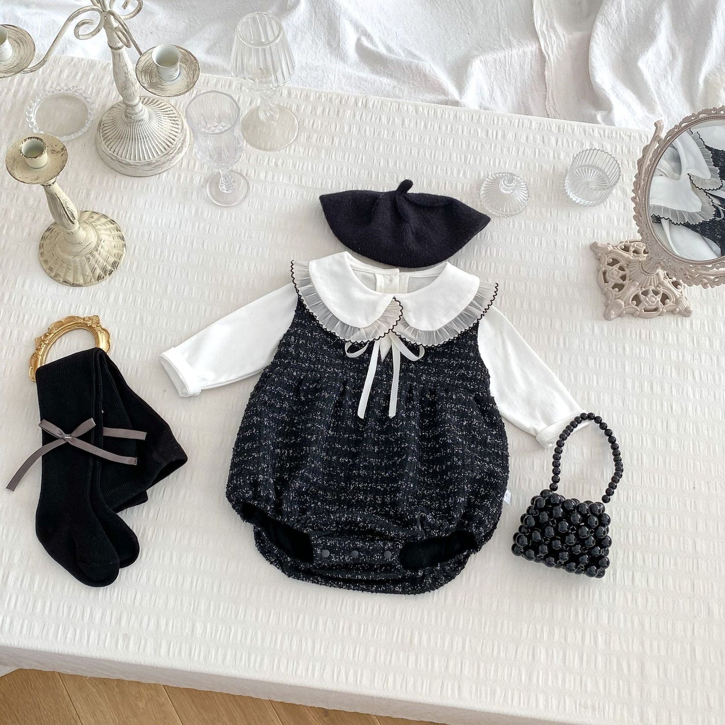 Arrival Spring Girls Long Sleeves Lace-trim Turn-down Collar Top and Sleeveless Onesies Set – 2 Pieces Clothing Set-1