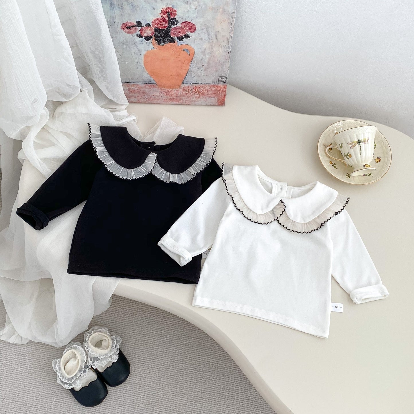 Arrival Spring Girls Long Sleeves Lace-trim Turn-down Collar Top and Sleeveless Onesies Set – 2 Pieces Clothing Set-2