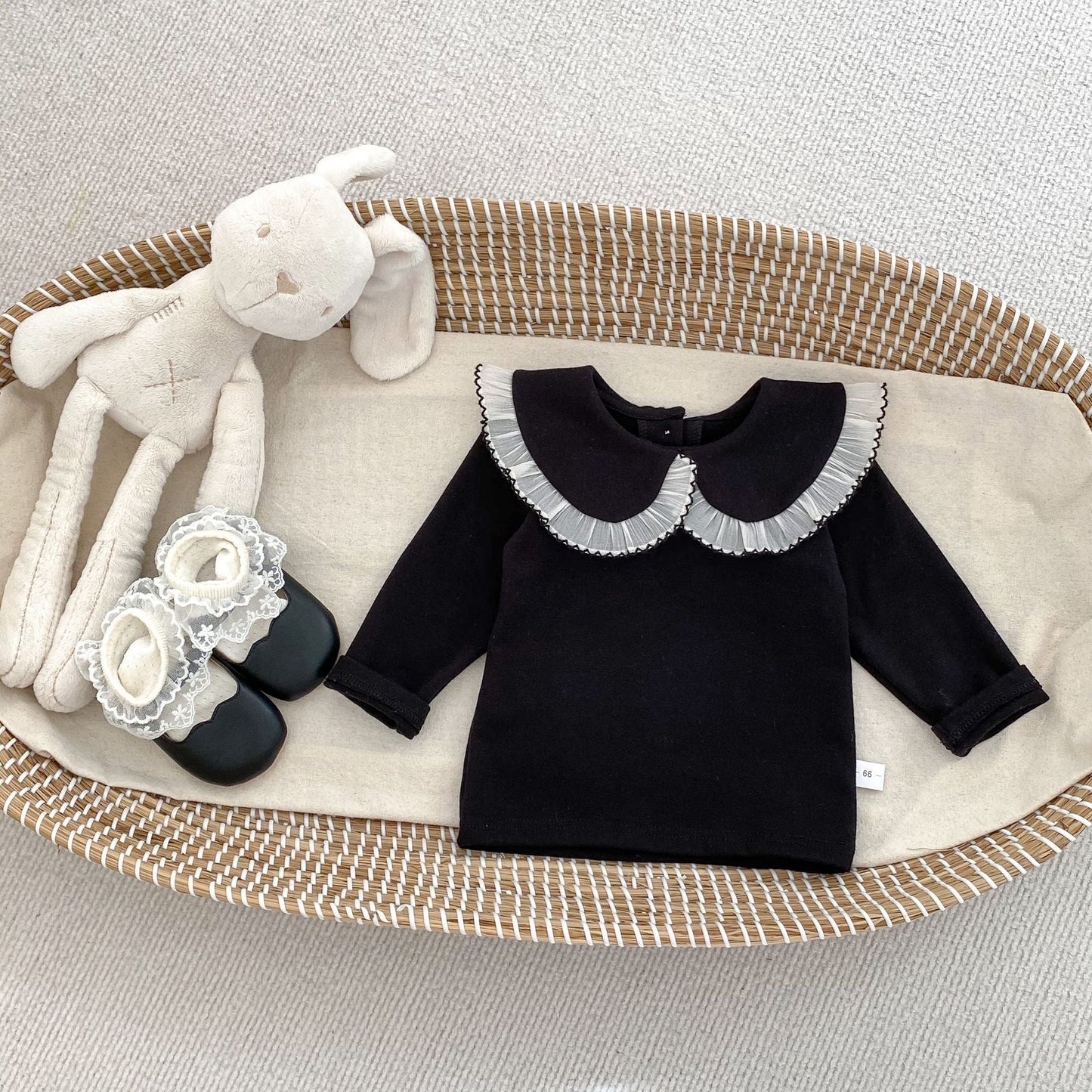 Arrival Spring Girls Long Sleeves Lace-trim Turn-down Collar Top and Sleeveless Onesies Set – 2 Pieces Clothing Set-4