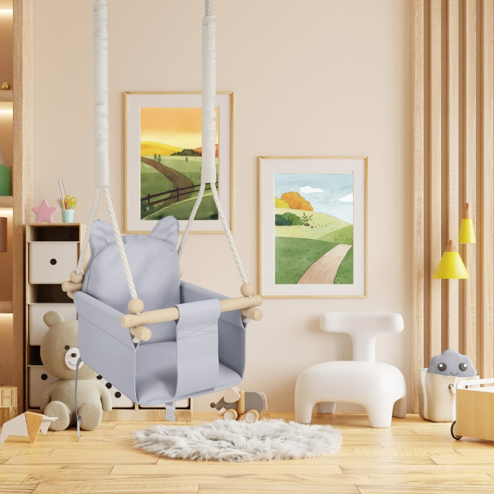 MAMOI® Balancoire interieur pour bebe et enfants, Siege balançoire en bois et en coton pour bébé, Balansoire pour enfant, Balancelle scandinave, Baby swing-4