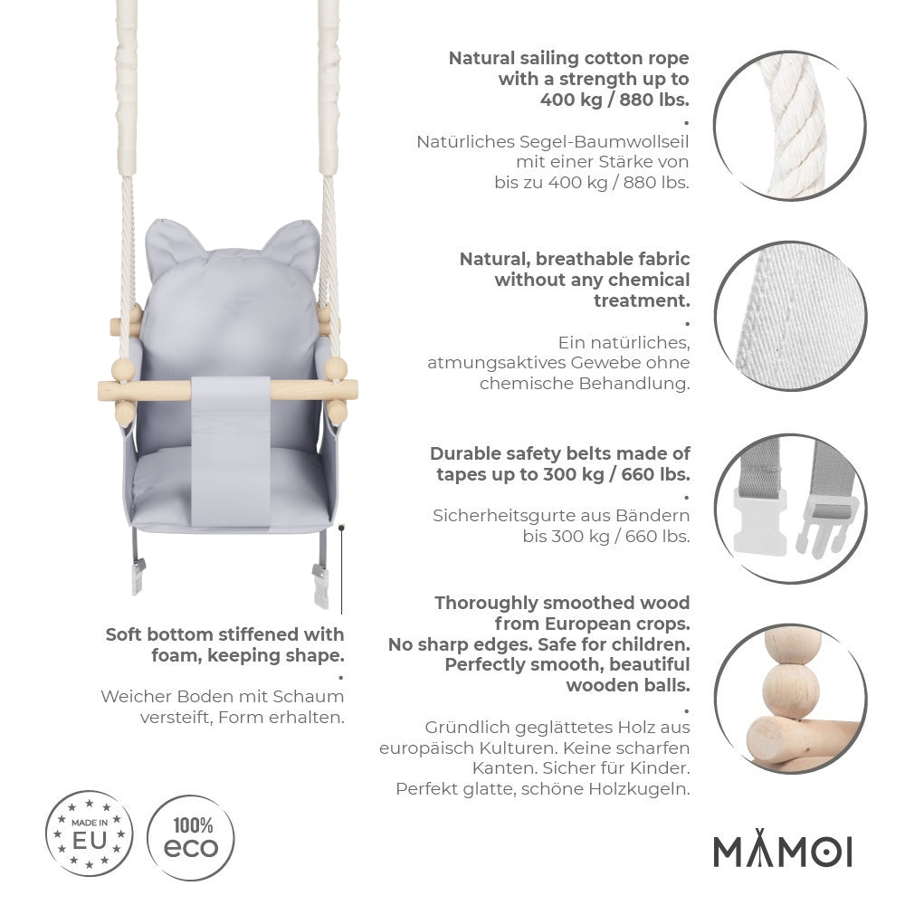 MAMOI® Balancoire interieur pour bebe et enfants, Siege balançoire en bois et en coton pour bébé, Balansoire pour enfant, Balancelle scandinave, Baby swing-2