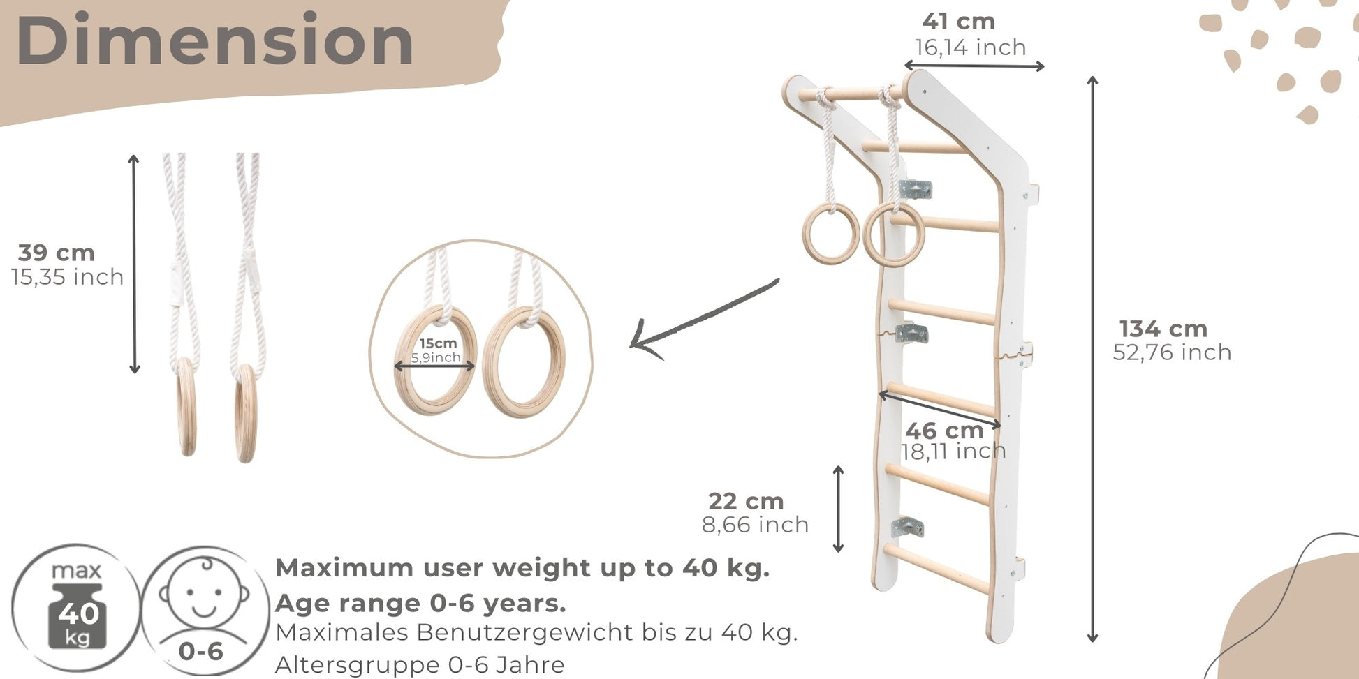MAMOI® Espalier en bois, Mur escalade suedois pour enfant, Échelle suedoise pour bebe, Jeux descalade et gym avec accessoires, Barre et anneaux gymnastique-1