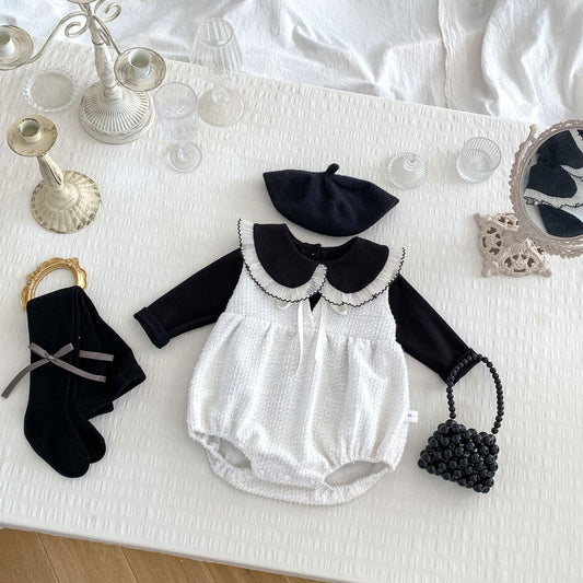 Arrival Spring Girls Long Sleeves Lace-trim Turn-down Collar Top and Sleeveless Onesies Set – 2 Pieces Clothing Set-0