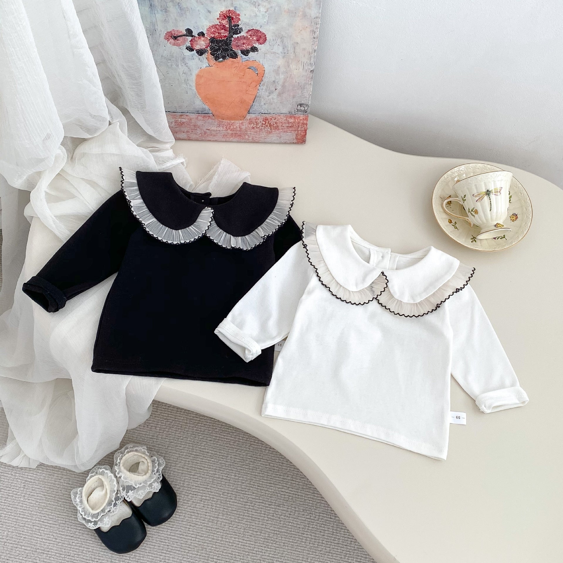 Arrival Spring Girls Long Sleeves Lace-trim Turn-down Collar Top and Sleeveless Onesies Set – 2 Pieces Clothing Set-2