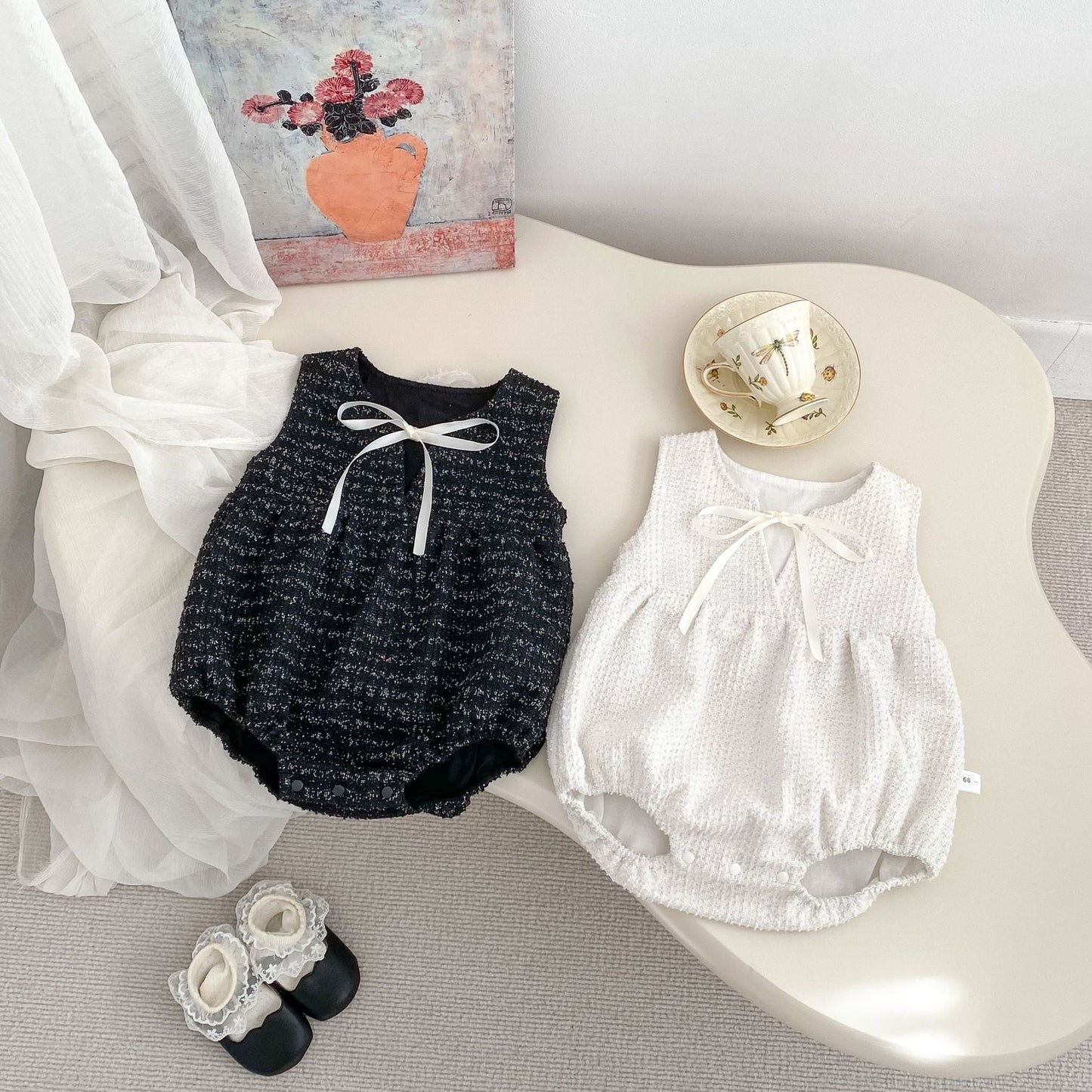 Arrival Spring Girls Long Sleeves Lace-trim Turn-down Collar Top and Sleeveless Onesies Set – 2 Pieces Clothing Set-3